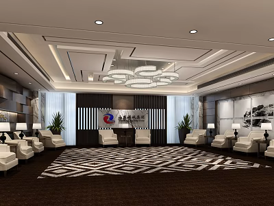 Elegant Hotel Public Lounge Interior With Luxurious Sofas Chandeliers Plants And Geometric Carpet 3d model