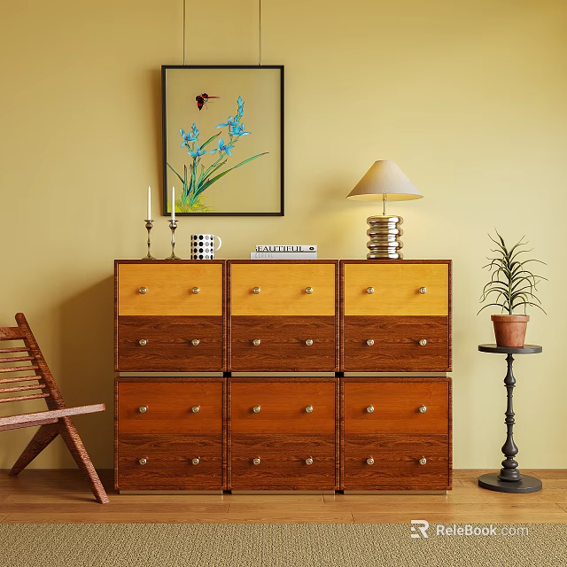 Vintage Wooden TV Stand With Drawers Table Lamp Potted Plant And Wall Art 3d model 