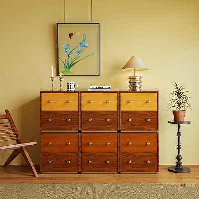 Vintage Wooden TV Stand With Drawers Table Lamp Potted Plant And Wall Art 3d model