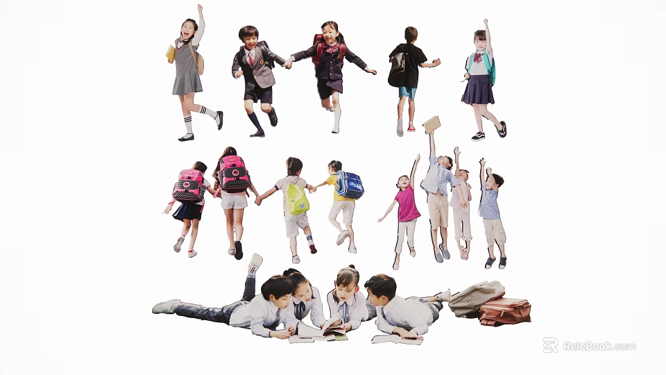 Group of Kids With Backpacks Raising Hands Reading Books And Running Together 3d model 