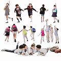 Group of Kids With Backpacks Raising Hands Reading Books And Running Together