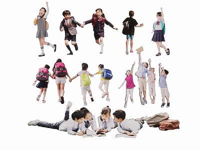 Group of Kids With Backpacks Raising Hands Reading Books And Running Together 3d model