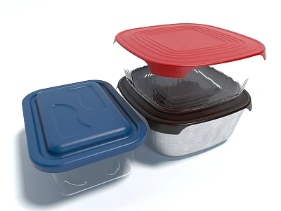 Reusable Food Storage Containers Set With Blue Red Lids And Transparent Body 3d model