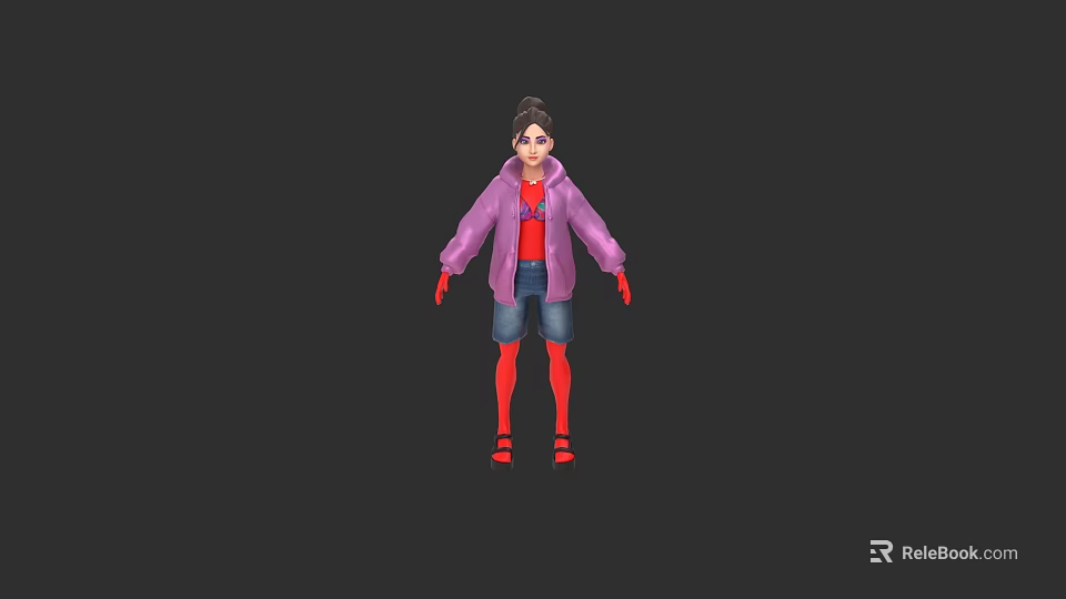 Woman in Purple Coat Pink Top Blue Shorts Red Socks Red Shoes 3d model 