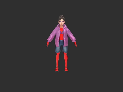 Woman in Purple Coat Pink Top Blue Shorts Red Socks Red Shoes 3d model
