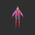 Woman in Purple Coat Pink Top Blue Shorts Red Socks Red Shoes