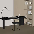 Modern Wooden Desk And Chair Set With Black Table Lamp Rolled Paper And Bookshelf Decor