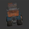 Orange And Blue Off Road Truck With Luggage Tools And Fishing Rod On Roof