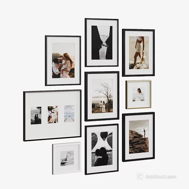 Stylish Photo Wall With Mixed Black White Frames And Diverse People Landscape 3d model 