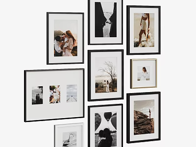 Stylish Photo Wall With Mixed Black White Frames And Diverse People Landscape 3d model