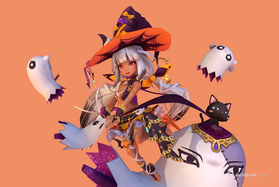 Game Anime Character In Witch Costume With Pumpkin Hat Ghosts And Black Cat 3d model 