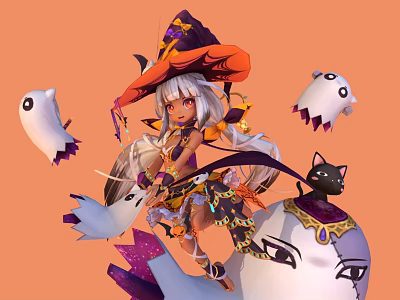 Game Anime Character In Witch Costume With Pumpkin Hat Ghosts And Black Cat 3d model