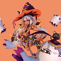 Game Anime Character In Witch Costume With Pumpkin Hat Ghosts And Black Cat