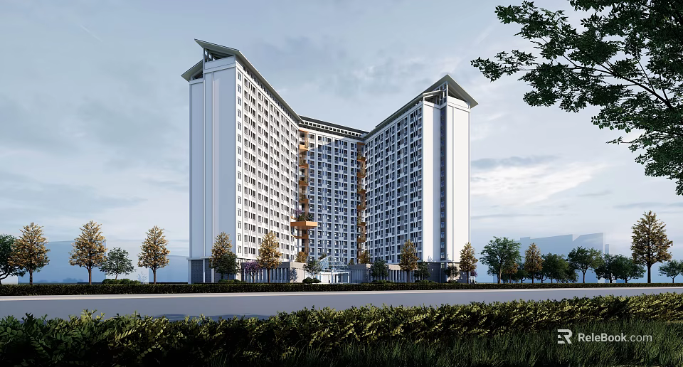 Modern High Rise School Building With Windows And Greenery Around Front Road 3d model 