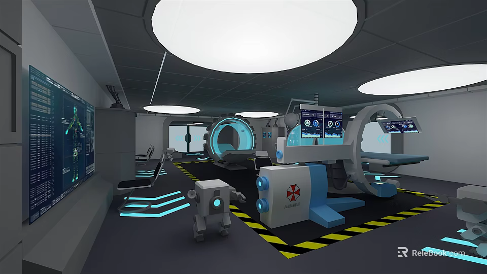 Modern Laboratory Interior Featuring Advanced Medical Equipment Digital Screens And Robotic Assistant 3d model 