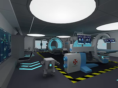 Modern Laboratory Interior Featuring Advanced Medical Equipment Digital Screens And Robotic Assistant 3d model