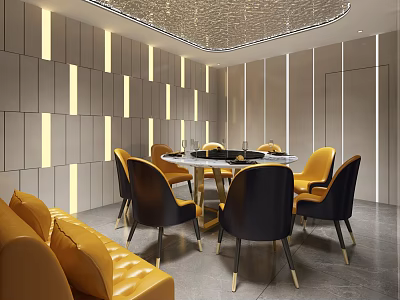 Luxurious Private Dining Room Interior With Round Table Yellow Sofa And Chairs 3d model