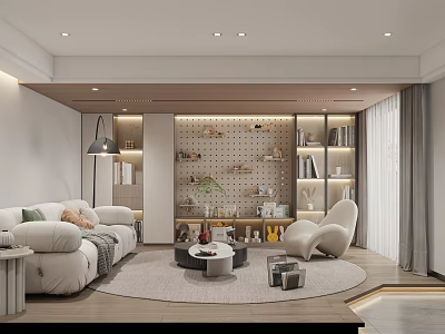 Modern Living Room Interior With Cozy Sofa Accent Chair Round Rug Coffee Table And Bookshelves 3d model