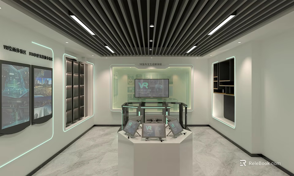 Modern Tech Exhibition Space With Central Display Stand Electronic Devices And Large Screen 3d model