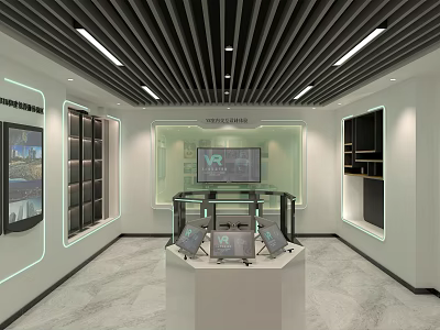 Modern Tech Exhibition Space With Central Display Stand Electronic Devices And Large Screen 3d model