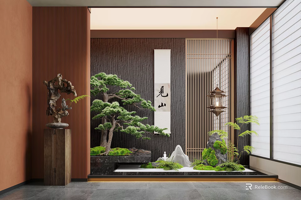Elegant Japanese Indoor Interior Landscape With Bonsai Pine Rockery And Stone Lantern 3d model 