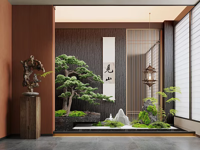 Elegant Japanese Indoor Interior Landscape With Bonsai Pine Rockery And Stone Lantern 3d model