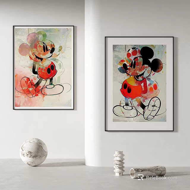 Abstract Paintings Featuring Mickey Mouse And Minnie With Decorative Wall Elements 3d model