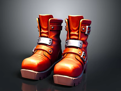 Red Leather Boots With Metal Buckles And Sturdy Sole For Daily Wear 3d model