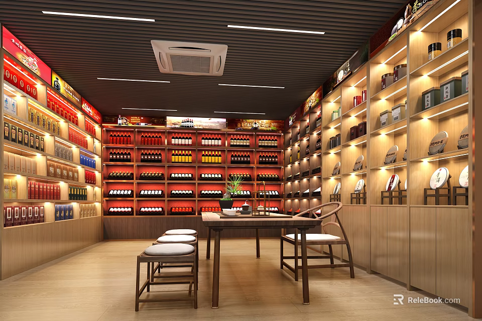 Modern Tobacco and Liquor Store Interior with Shelves of Displayed Products and Tables Chairs 3d model 