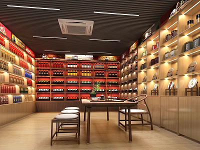 Modern Tobacco and Liquor Store Interior with Shelves of Displayed Products and Tables Chairs 3d model