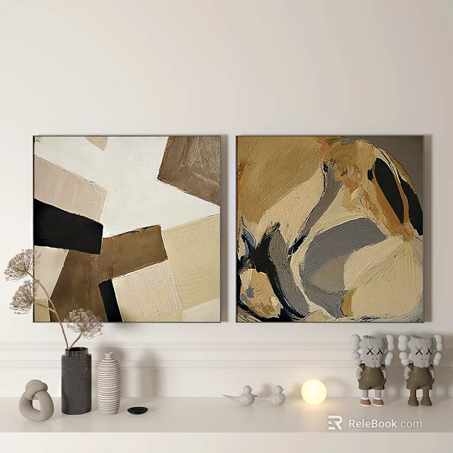 Abstract Geometric And Organic Paintings On Light Wall With Decor 3d model