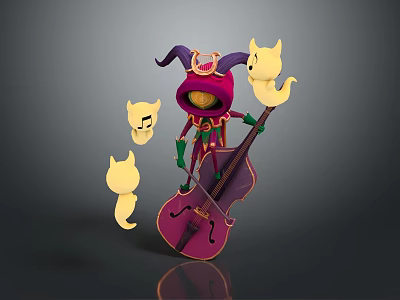 Purple Cello Held by Jester Character With Yellow Ghost Musical Notes 3d model