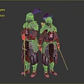 Medieval Knightly Weapons Held by Armored Knights in Blue and Silver Armor