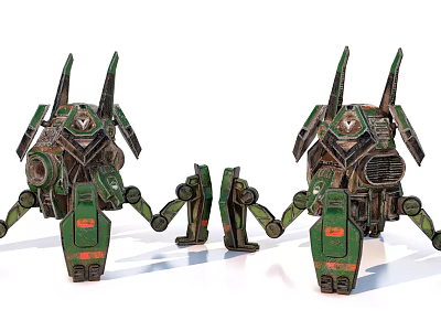 Green Mechanical Robotic Structures With Multiple Legs Metallic Texture And Orange Accents 3d model