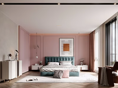Modern Bedroom Interior With Pink Walls Green Headboard White Nightstands Rug And Framed Artwork 3d model