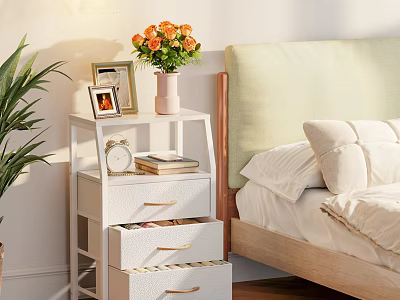 White Tiered Storage Shelf in Bedroom with Vase Flowers Photo Frame Alarm Clock and Books 3d model
