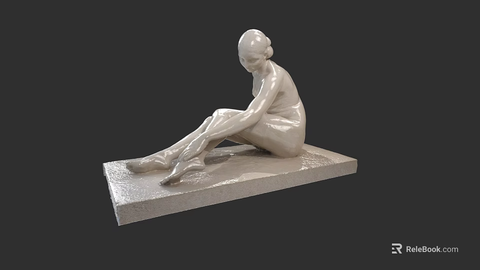 Elegant Female Seated Sculpture in White Marble with Smooth Surface and Pedestal Base 3d model 