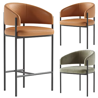 Modern Bar Stools In Tan And Green With Upholstered Seats Metal Frame And Curved Backrest 3d model