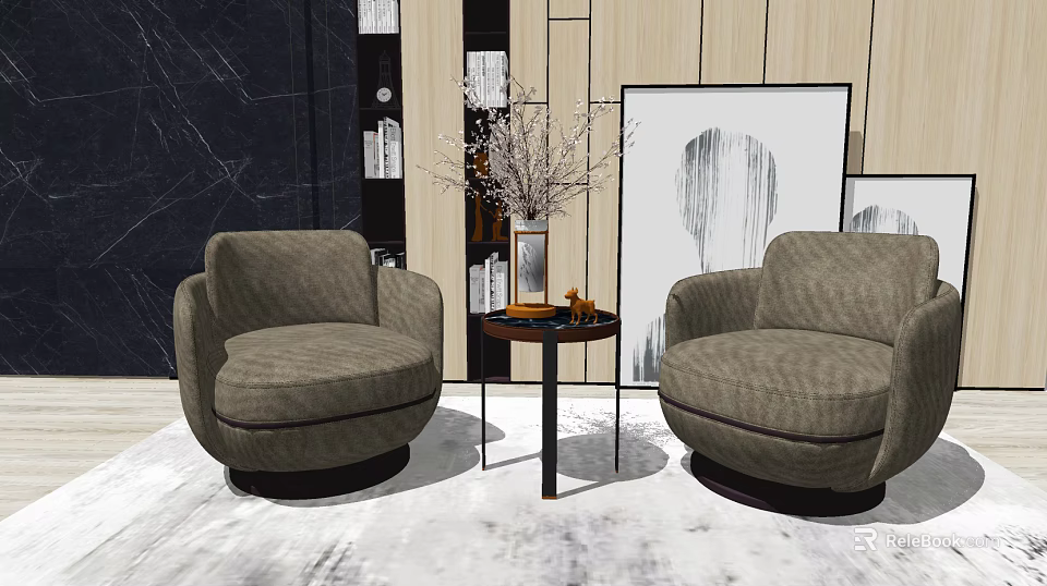 Casual Sofa Set with Two Comfortable Gray Fabric Armchairs Round Side Table and Wall Art 3d model