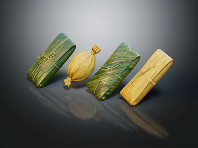 Traditional Leaf Wrapped Snacks In Different Shapes With Green Yellow Wrappers And String Ties 3d model
