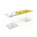 Modern Functional Table With Clear And Yellow Glass Top And Chrome Metal Legs