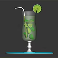 Refreshing Beverage in Tall Glass with Lime Slices and Garnish on Blue White Tray