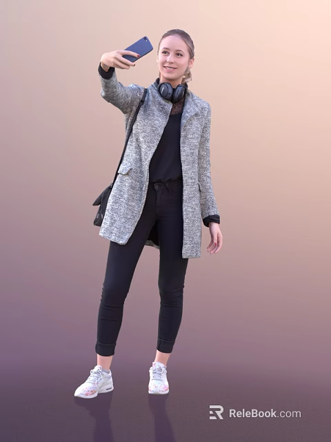 Stylish Woman Wearing Gray Coat Black Top Black Pants And Black Bag 3d model 