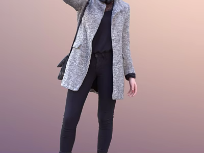 Stylish Woman Wearing Gray Coat Black Top Black Pants And Black Bag 3d model