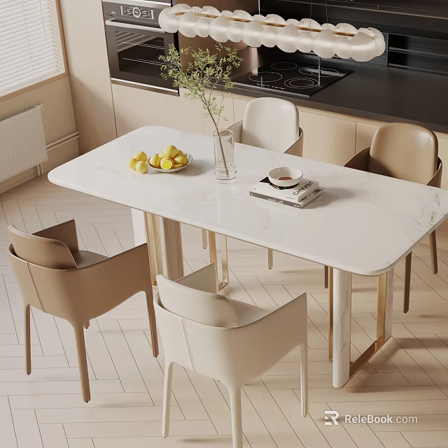 Modern Dining Table Set With Marble Top Beige Brown Chairs Fruit Bowl And Plant Vase 3d model 