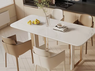 Modern Dining Table Set With Marble Top Beige Brown Chairs Fruit Bowl And Plant Vase 3d model