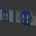 Blue Industrial Doors With Mesh Panels Glass Sections And Red Stains