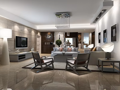 Modern Living Room Interior With Chandelier TV Sofa Chairs And Marble Floor 3d model