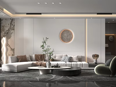 Modern Living Room Interior Design With Sofa Cushions Circular Wall Decor And Green Plant 3d model