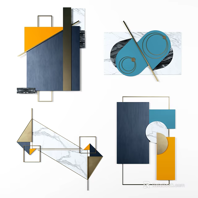 Modern Geometric Wall Decor With Blue Orange Gold Shapes And Marble Patterns 3d model 